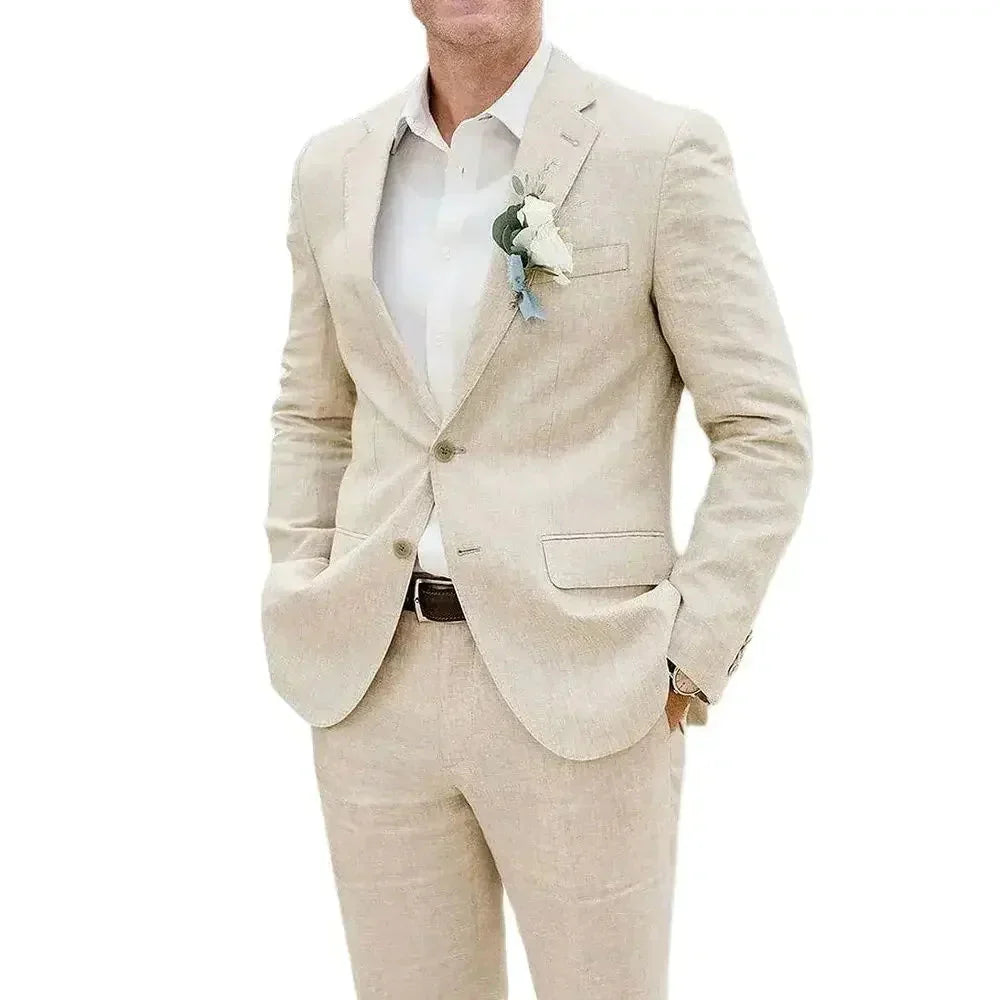 Hot Sell High-end Summer Beige Linen Wedding Suits for Men 2 Pieces Notch Lapel Fashion Groom Slim Casual Beach Set