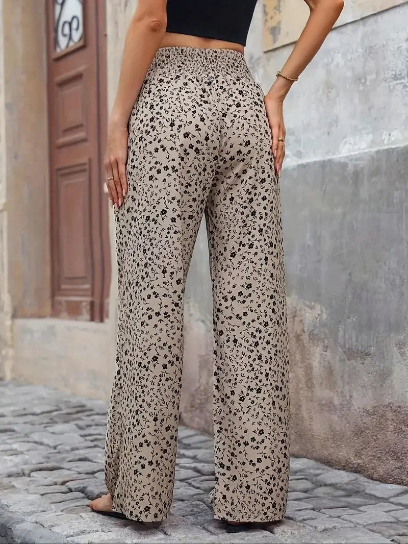 Floral Wide Leg  Flowy Ruffled High Waisted Summer Straight Pants