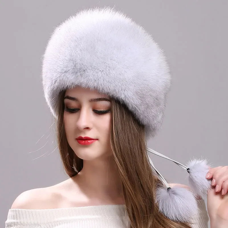 Real Fox Fur Hat for Women with Leather Top Mongolian Princess Hat with Pompom Winter Warm beanie Russian Cap Bonnets for Women