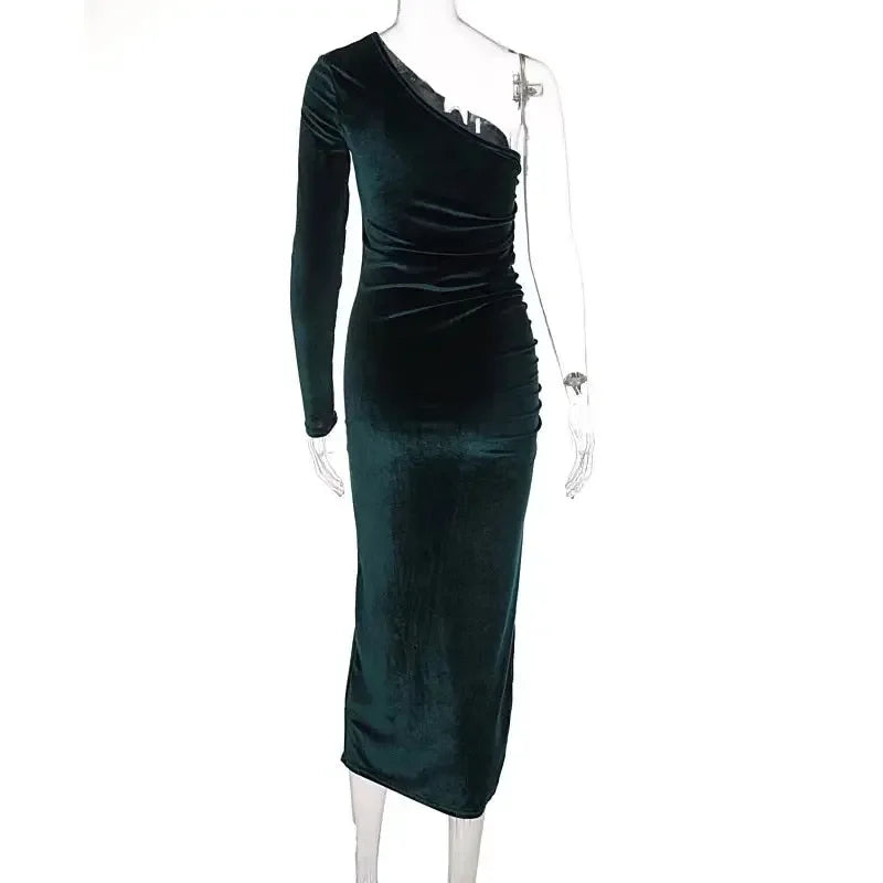 Long Sleeve One Shoulder Ruched Slit Velvet Bodycon Dress