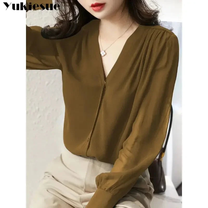 Spring Summer Elegant blouse women Korean Chiffon Shirt Women Long Sleeve Ruffled Women's shirts and blouses Office Lady Tops