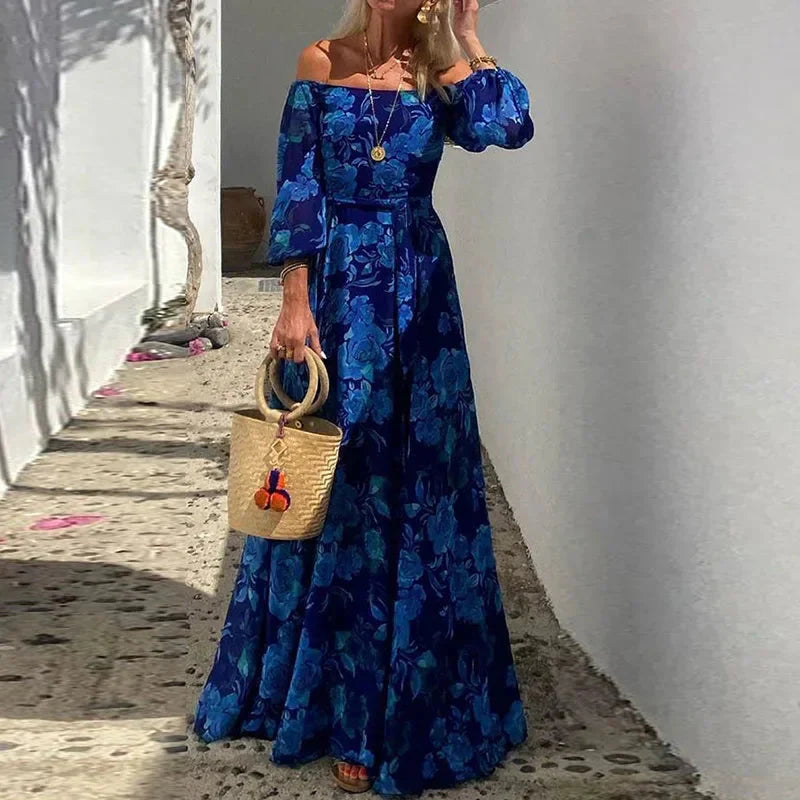 Print Patchwork Slash Neck Maxi Dress, Women Spring Summer Three Quarter Lantern Sleeve Party Dress, Simple Elegant Ladies Dress