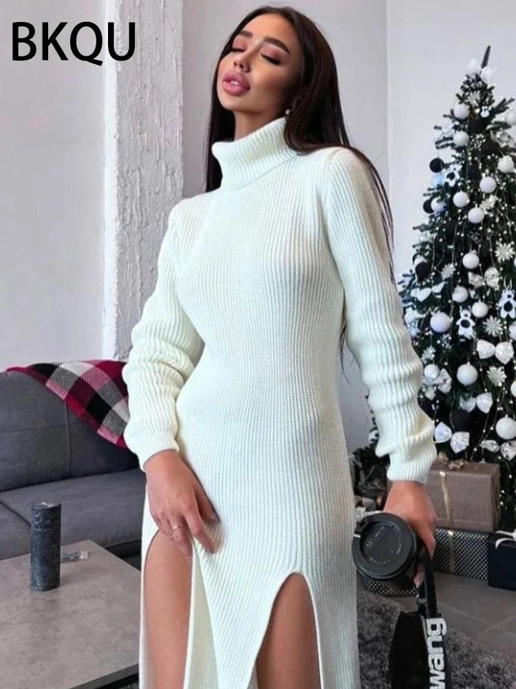 Women's Double Split Ribbed Sweater Midi Dress