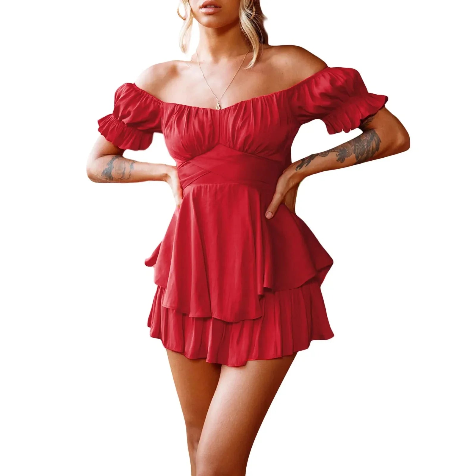 Women s Boho Off Shoulder Romper Double Layer Ruffle Hem Lantern Long Sleeve Waist Tie Back Chiffon Short Jumpsuits