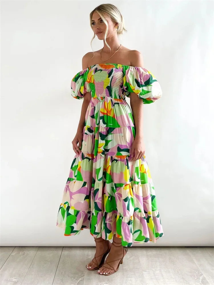 New style bubble sleeve holiday slim long skirt spice girl high waist one shoulder print dress