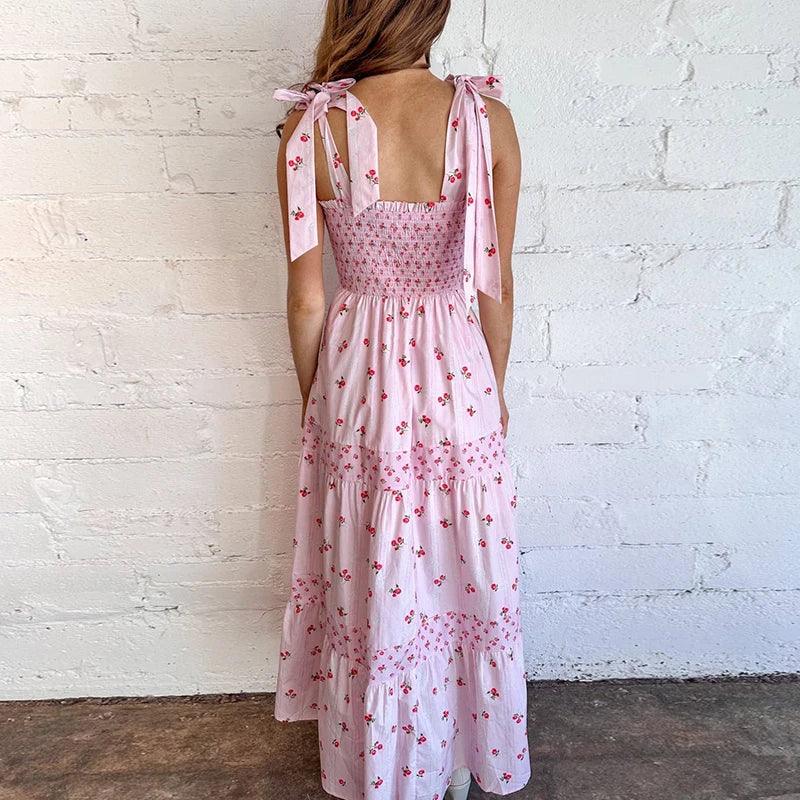 Sweet Elegant Sleeveless Long Dress Floral Print Bow Suspender Beach Dress New Summer Off Shoulder Pleated Party Dress Vestidos
