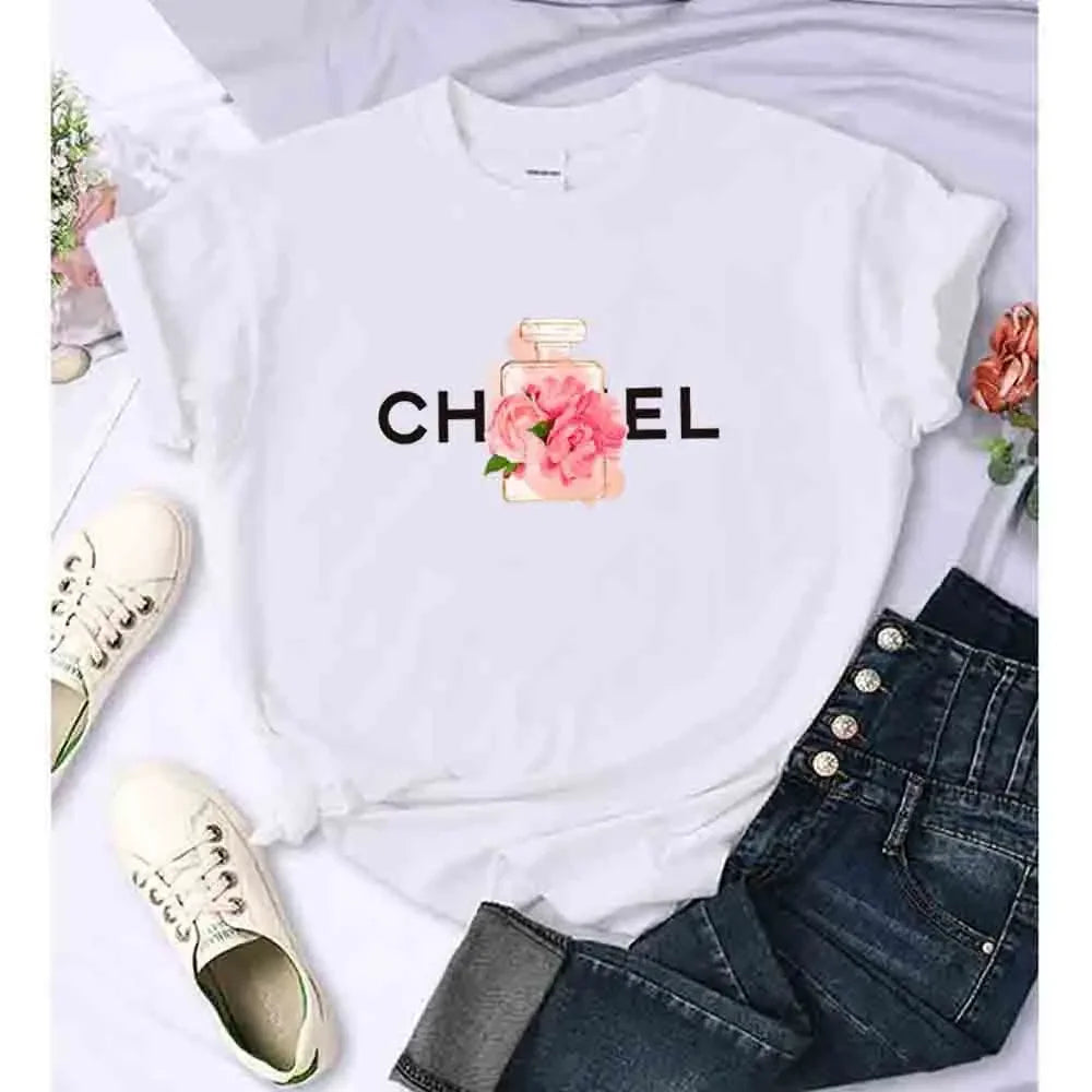 Women Summer T-Shirt Alphabet Flowers Perfume Print Cotton Tees Luxury Short Sleeve Tee Solid Color Street Y2K Top Female Cloth