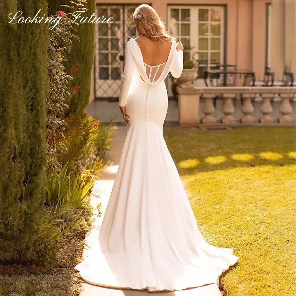 Elegant Mermaid Wedding Dresse Satin Cowl Back O-Neck Bridal Gown Simple White Long Sleeves Vestido de Novia 2023 Sweep Train