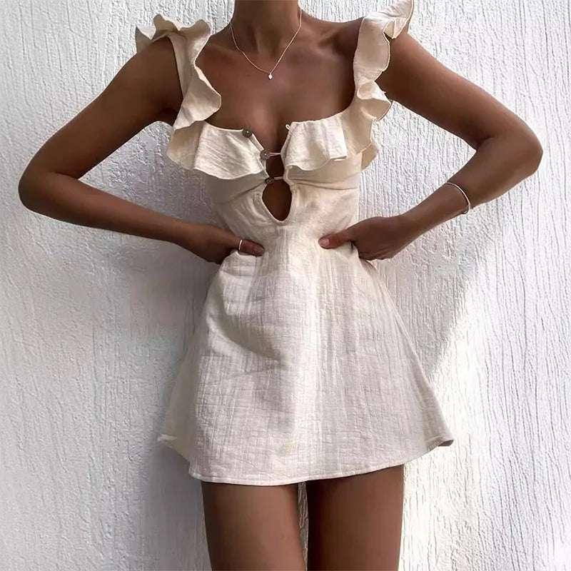 Summer Hollow Out Button Ruffles Short Dress Sexy V Neck Sleeveless Solid Color Dress New Holiday Beach Cotton Linen Mini Dress