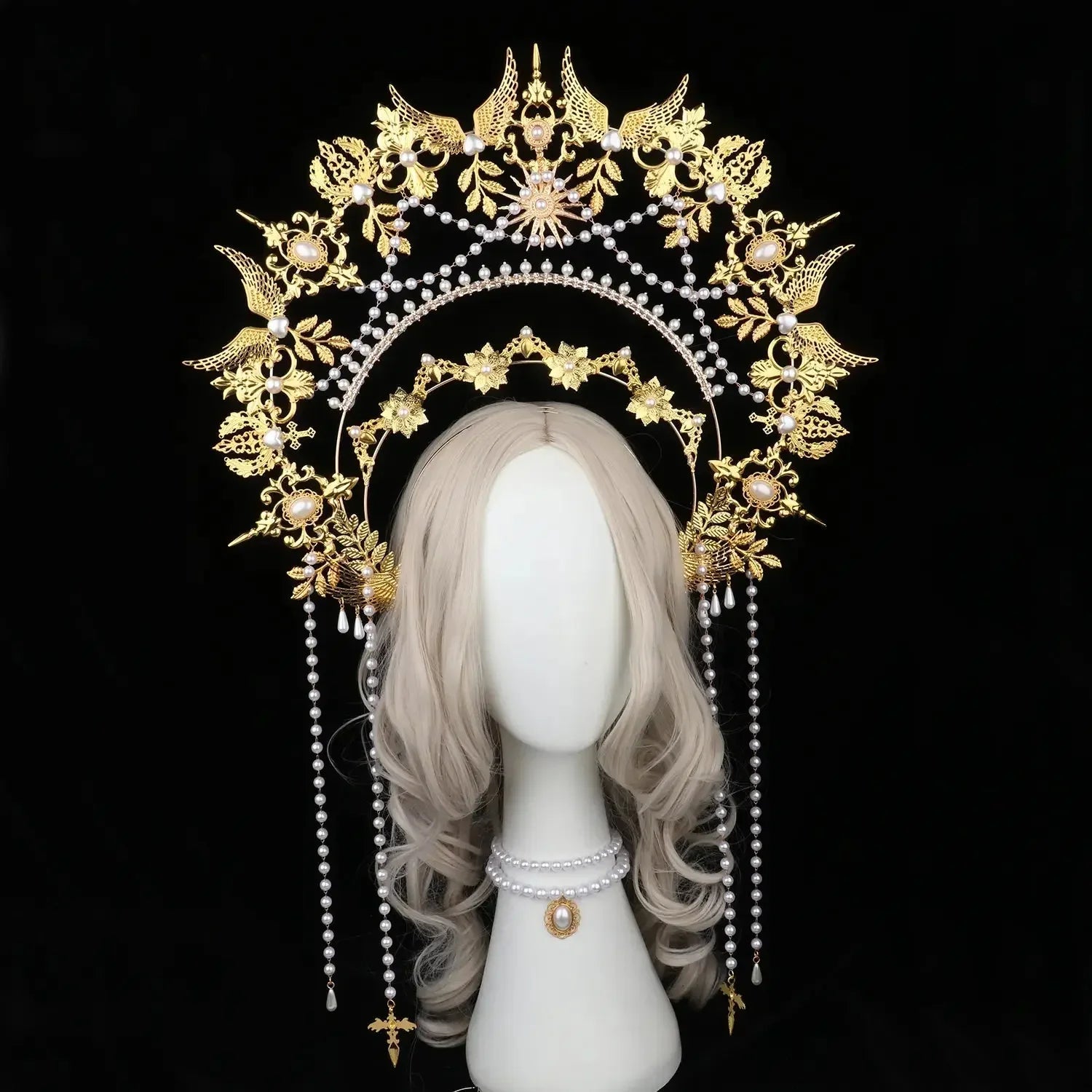 Sun Goddess Angel KC Halo Crown Headpiece Queen Anna Baroque Pearl Tiara Headband Lolita Collection Gothic Accessories