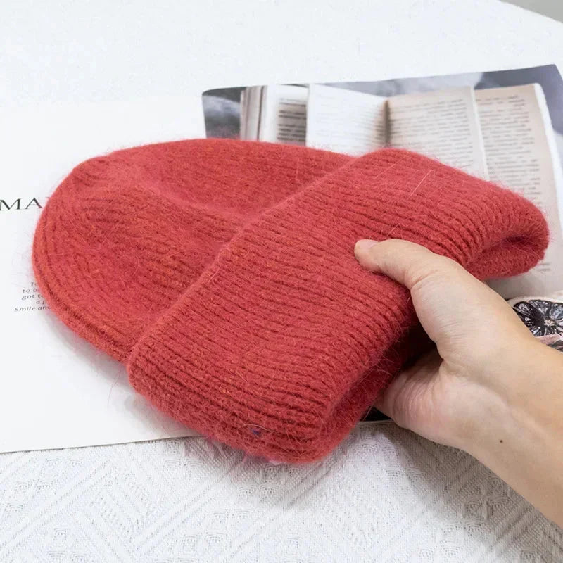Fashion Warm Skullies Angola Rabbit Fur Winter Knitted Beanies Women Cap Female Three Fold Ski Outdoor Hats