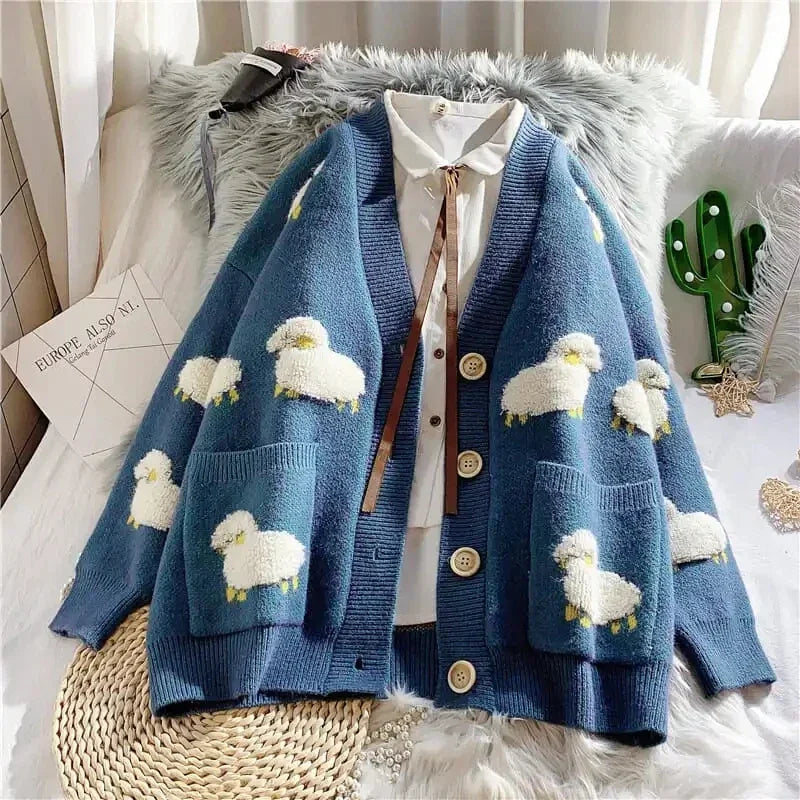 Sheep Cartoon V-Neck Long Sleeve Loose Knitted Sweater Women's Cardigan Korean Fashion Autumn Winter Thick Cardigan For Women