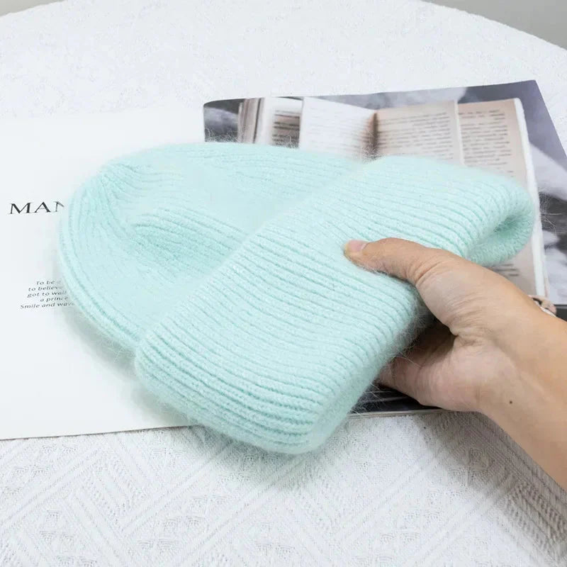 Fashion Warm Skullies Angola Rabbit Fur Winter Knitted Beanies Women Cap Female Three Fold Ski Outdoor Hats
