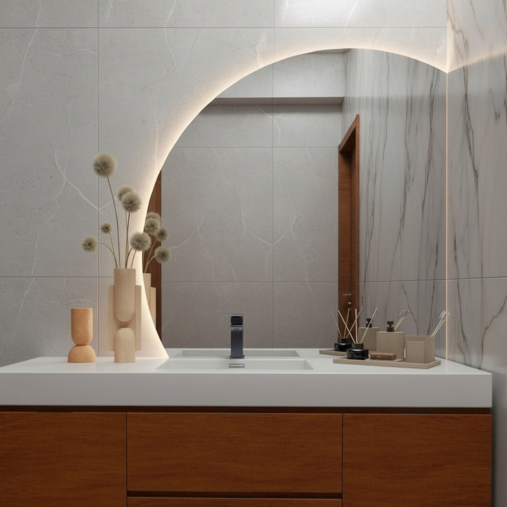 Modern LED Bathroom Mirror – Half Circle Backlit Wall Mirror with Touch Control, Warm & Cool Lighted Vanity Mirror