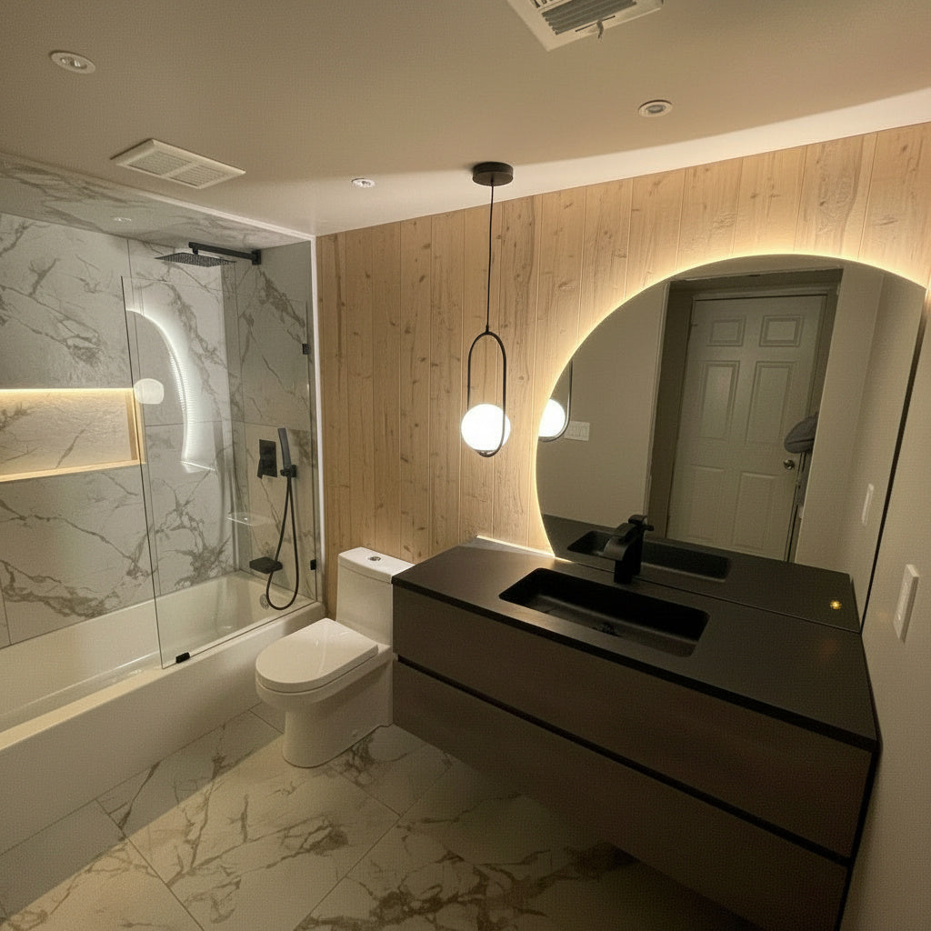 Modern LED Bathroom Mirror – Half Circle Backlit Wall Mirror with Touch Control, Warm & Cool Lighted Vanity Mirror