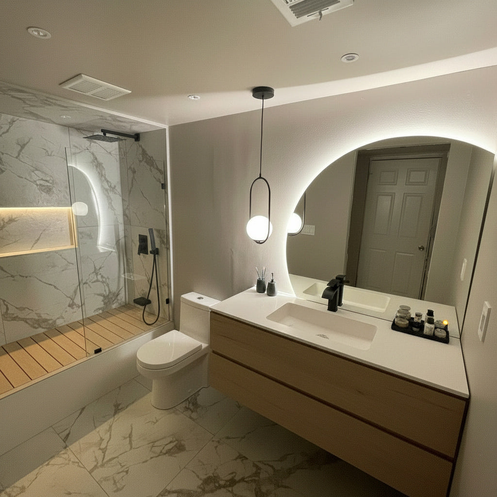 Modern LED Bathroom Mirror – Half Circle Backlit Wall Mirror with Touch Control, Warm & Cool Lighted Vanity Mirror