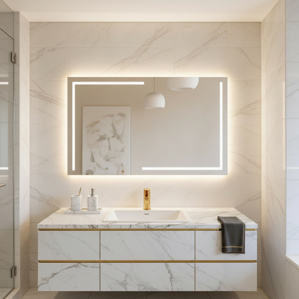 LED Bathroom Mirror – Luxury Geometric Lighted Vanity Mirror, Modern Backlit Wall Mirror with Artistic LED Lines