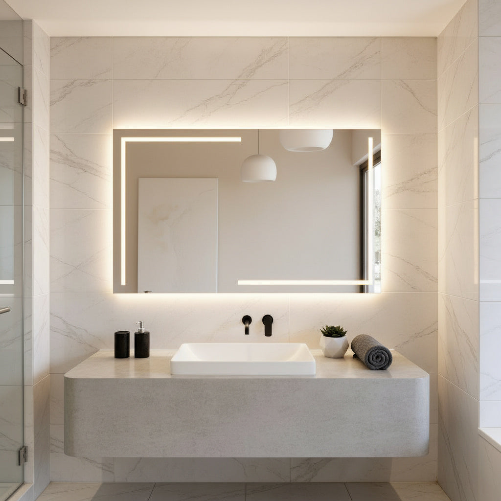 LED Bathroom Mirror – Luxury Geometric Lighted Vanity Mirror, Modern Backlit Wall Mirror with Artistic LED Lines
