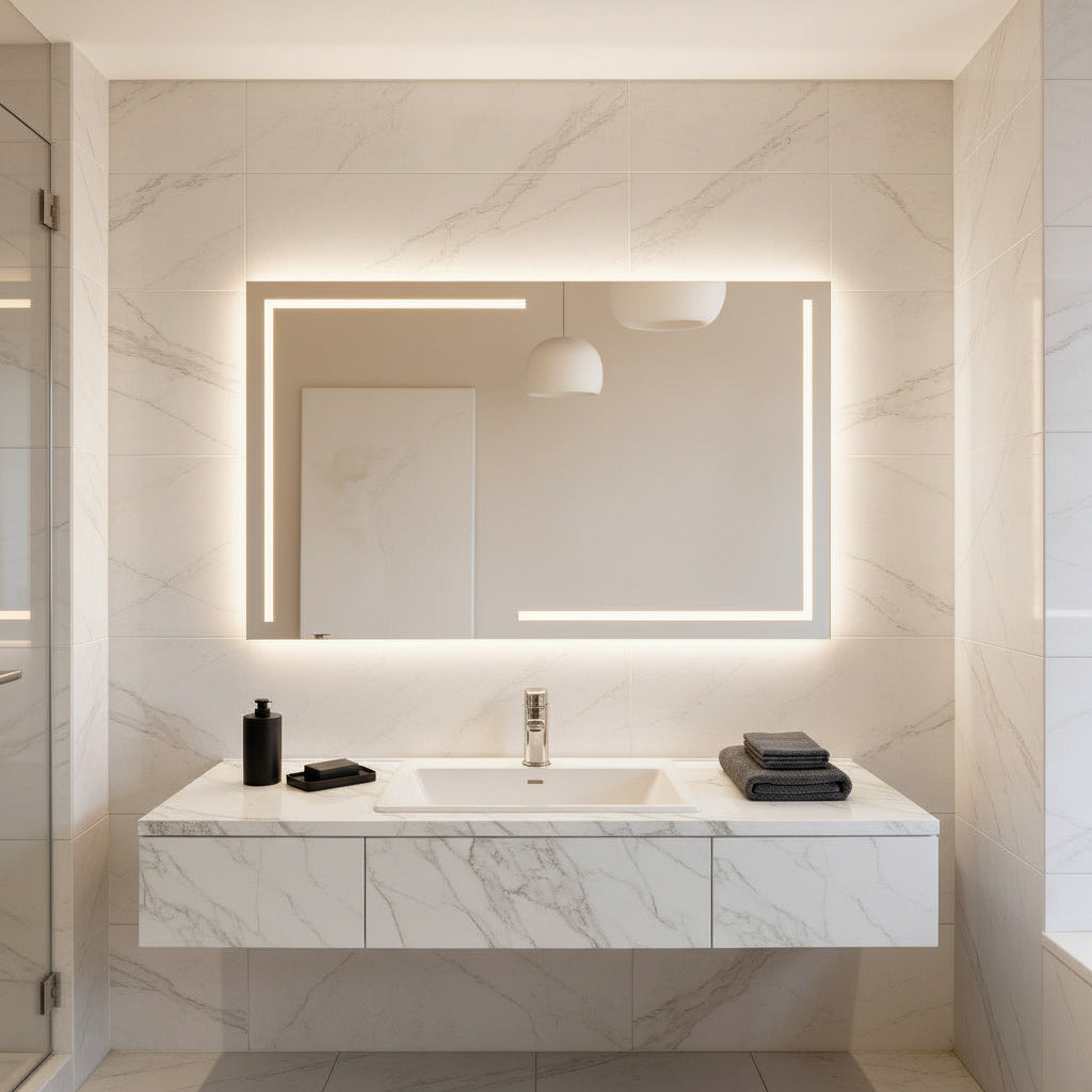 LED Bathroom Mirror – Luxury Geometric Lighted Vanity Mirror, Modern Backlit Wall Mirror with Artistic LED Lines