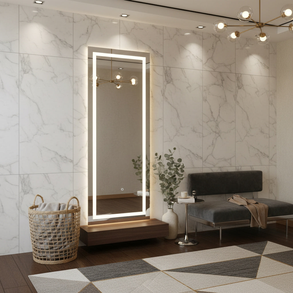 LED Full Length Mirror – Lighted Floor & Wall Mounted Vanity Mirror, Modern Dressing Mirror with Backlit Frame