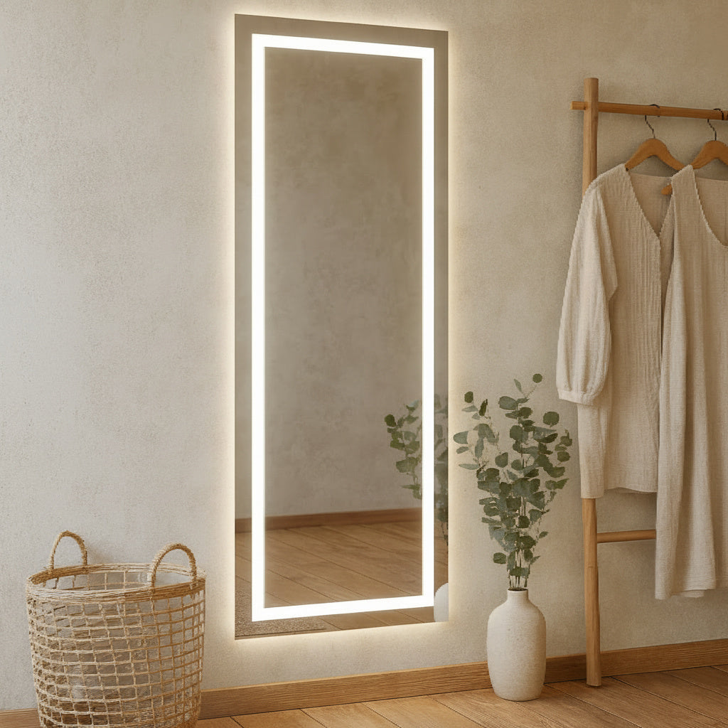 LED Full Length Mirror – Lighted Floor & Wall Mounted Vanity Mirror, Modern Dressing Mirror with Backlit Frame