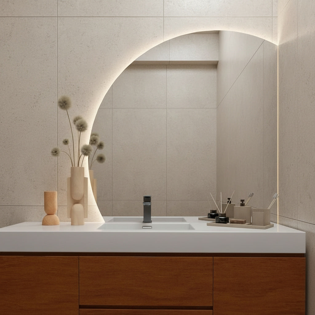 Modern LED Bathroom Mirror – Half Circle Backlit Wall Mirror with Touch Control, Warm & Cool Lighted Vanity Mirror