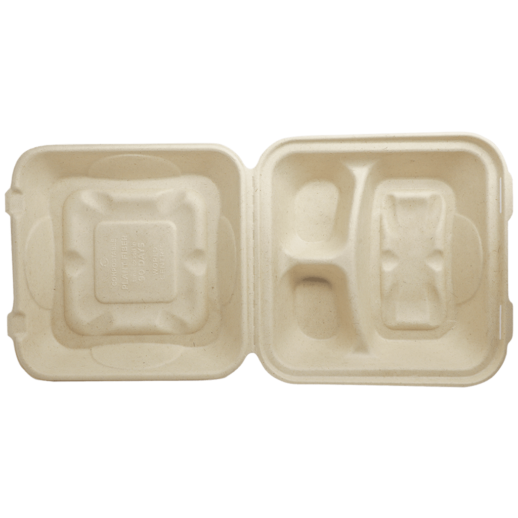 World Centric 9x9x3" Fiber Clamshell, 3-Compt PLA Lined (QTY:300)