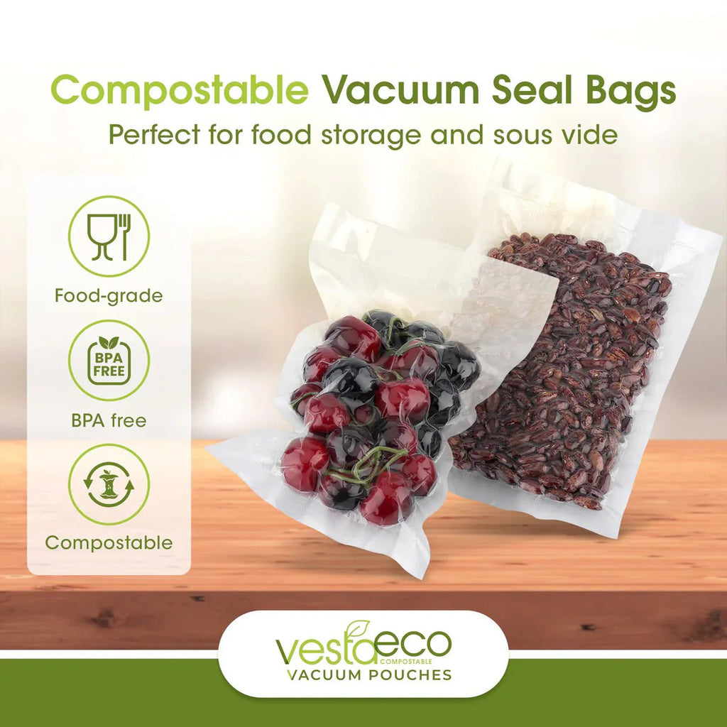 VestaEco Compostable Chamber Vacuum Seal Pouches - 6"x10" (Pint) - 100 Bags
