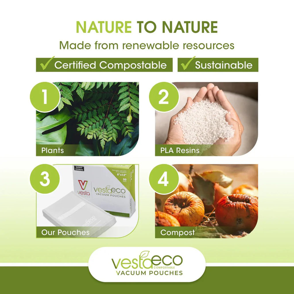 VestaEco Compostable Chamber Vacuum Seal Pouches - 6"x10" (Pint) - 100 Bags