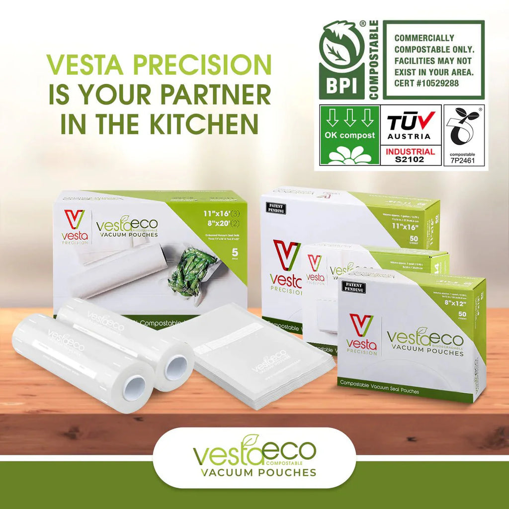 VestaEco Compostable Chamber Vacuum Seal Pouches - 6"x10" (Pint) - 100 Bags