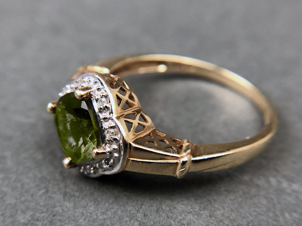 Vintage 10k Gold Ring with Natural Green Peridot and Diamond Halo. Gift for Her.