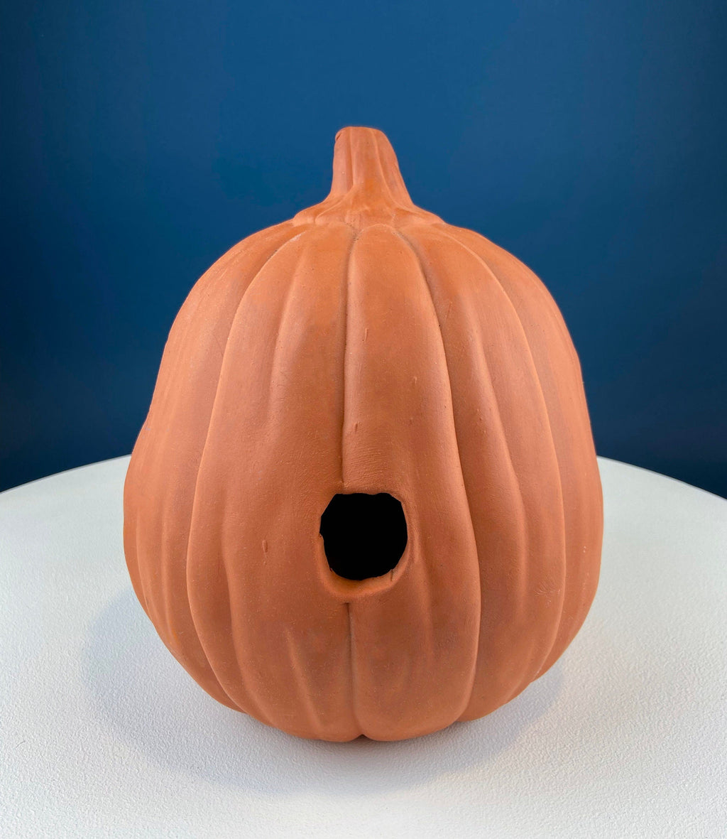 Set of Two Large Clay Pumpkins Making Scary Funny Faces. Candle or Light Kit. Halloween Thanksgiving Fall Decor. Home, Porch or Retail.
