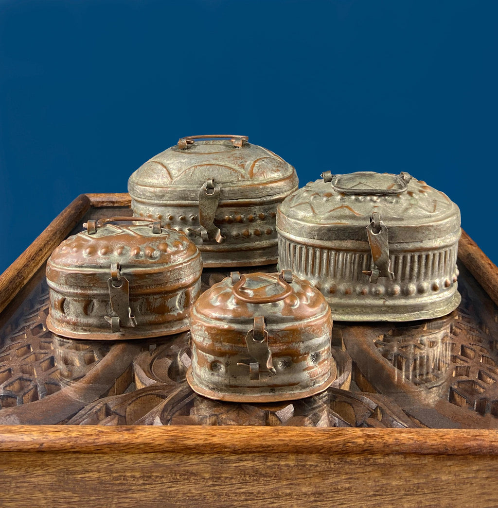 Hand Pounded Copper Cricket Boxes with Hinged Lids. Set of 4 Oval Metal Boxes with Perforated Bases. Rustic Collection of Containers.