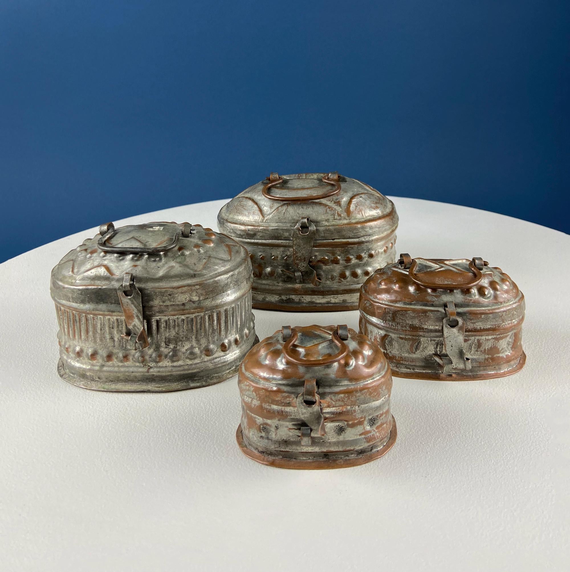 Hand Pounded Copper Cricket Boxes with Hinged Lids. Set of 4 Oval Metal Boxes with Perforated Bases. Rustic Collection of Containers.