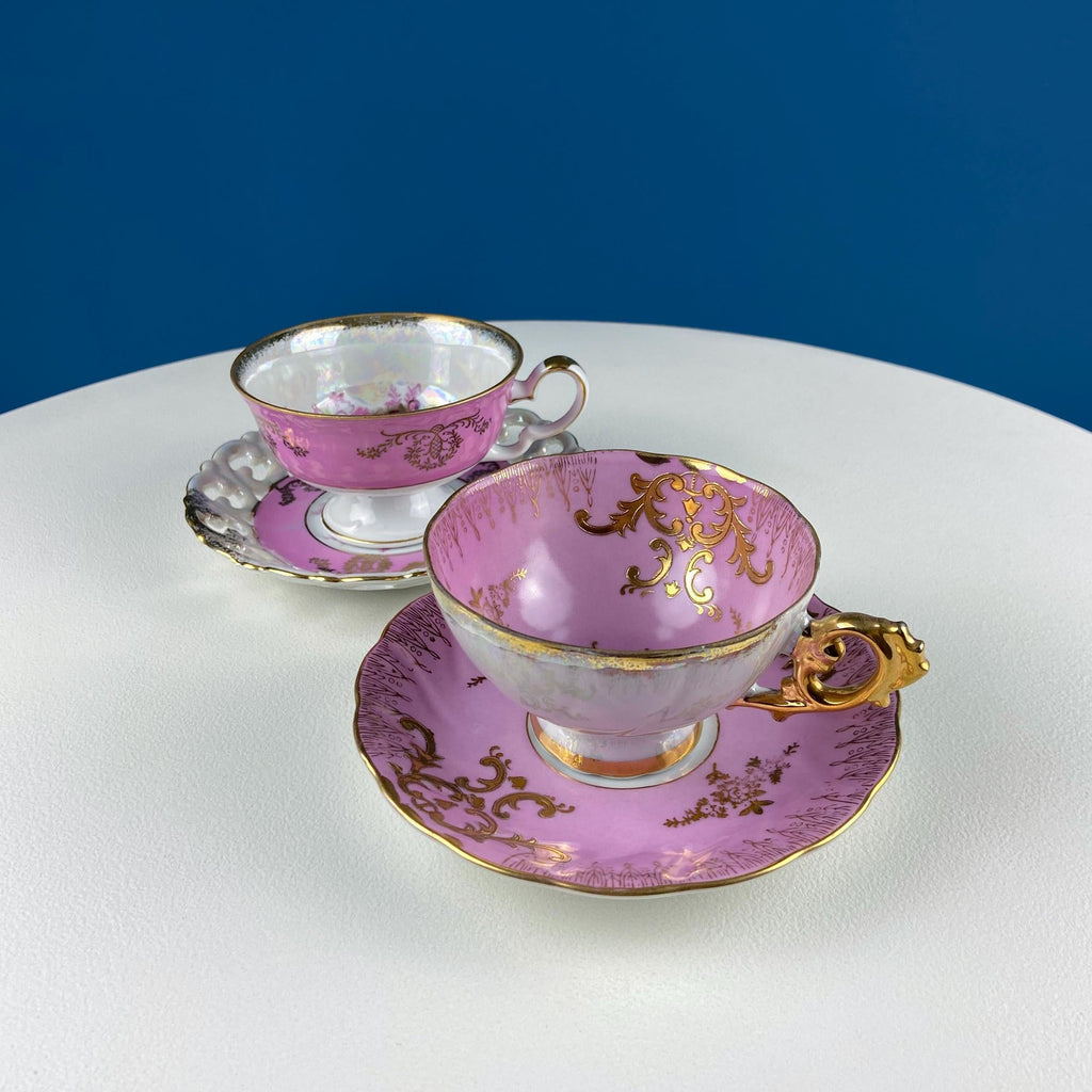 Vintage Pink Tea Cups and Saucers with  Gold Accents. Set of 2 Cups. Different Motifs. Hand Painted Fruit. Gift for Couple. Tea Lovers.