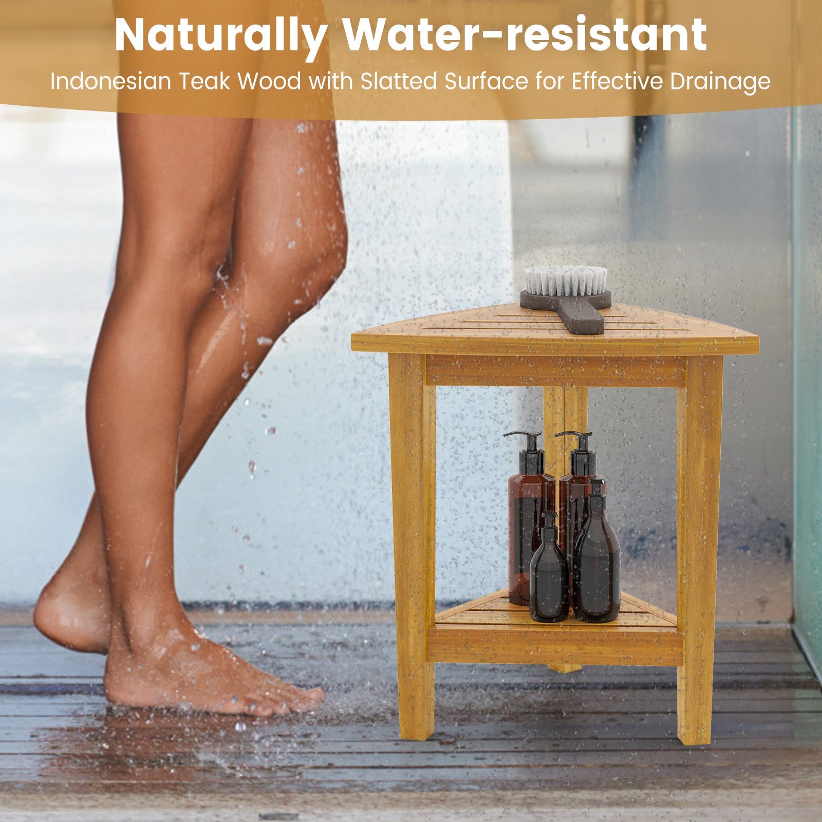 18 Inches Waterproof Shower Stool with Storage Shelf