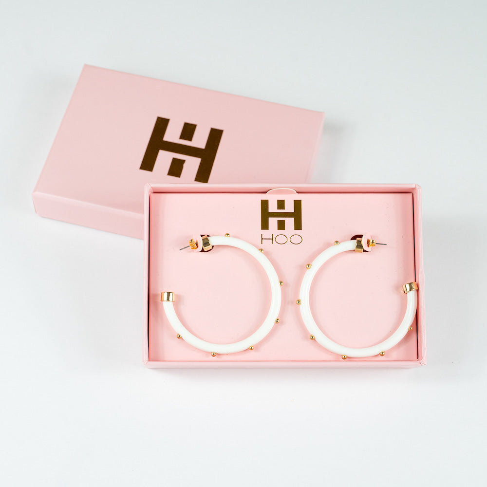 White with Gold Balls Hoop Earrings