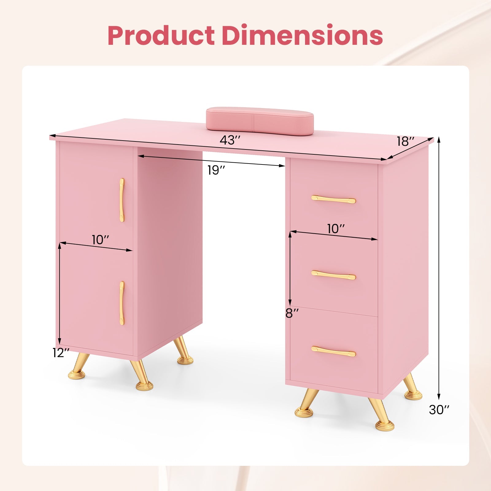 Wooden Manicure Table Nail Desk with Drawers Wrist Rest-Pink