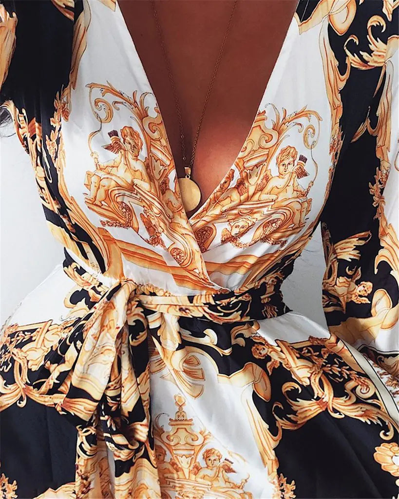 Vintage Floral Maxi Dress with V-Neck and Long Sleeves