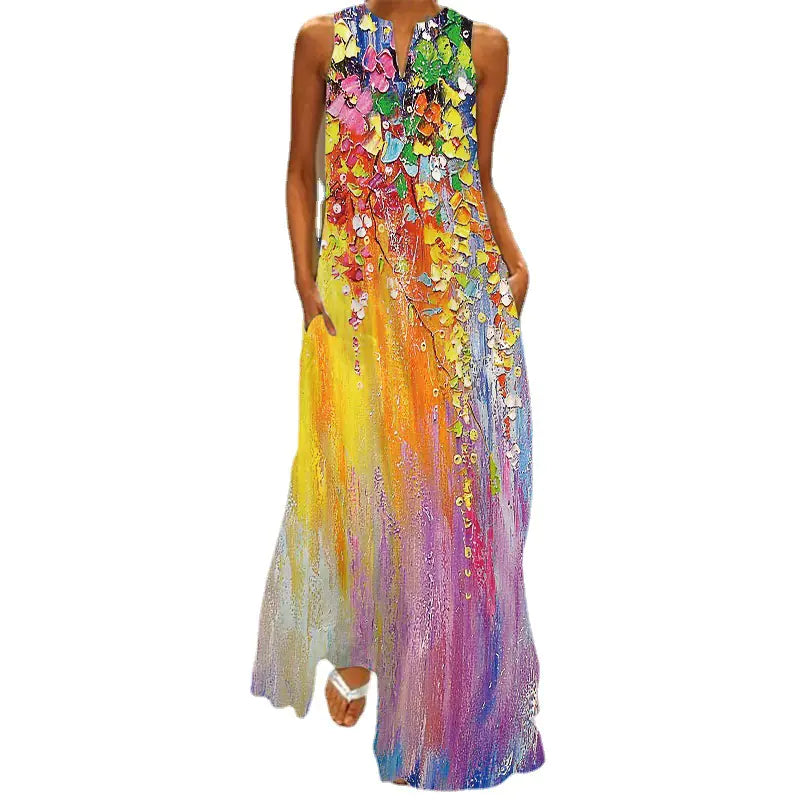 Summer Vintage Print Maxi Dress with V-Neck