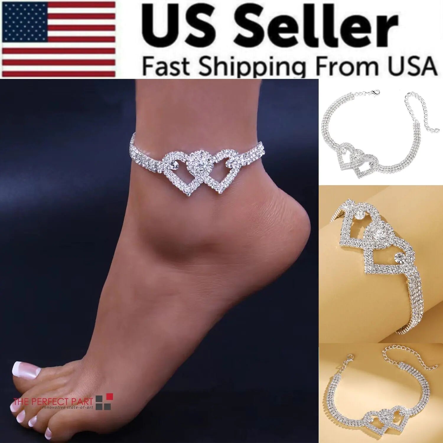 Double Heart Anklet Bracelet Love Barefoot Chain Bling Crystal Ankle Bracelet