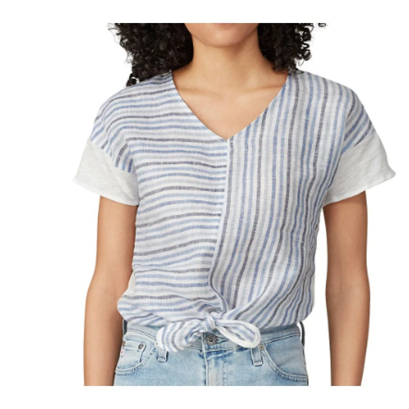 Sita Murt Womens Size 42 (Large) Short Sleeve V Neck Striped Tie Front Top