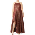 Badgley Mischka 18 Tall Ruby Metallic Gold Hi Low Leg Slit Halter Dress Gown