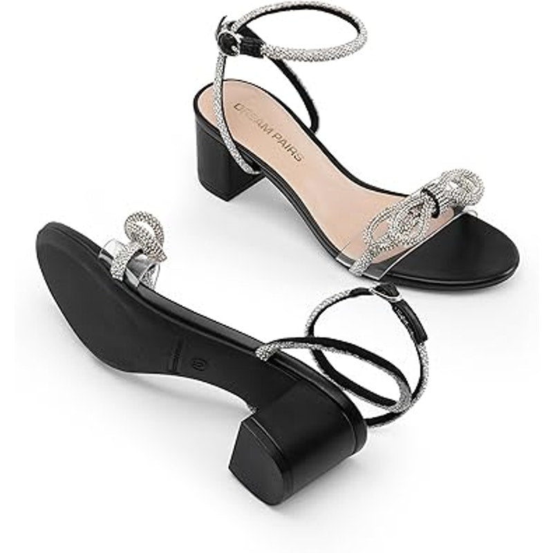Dream Pairs Womens Size 6 Black Rhinestone Bow Open Toe 2.5" Chunky Heel Shoes