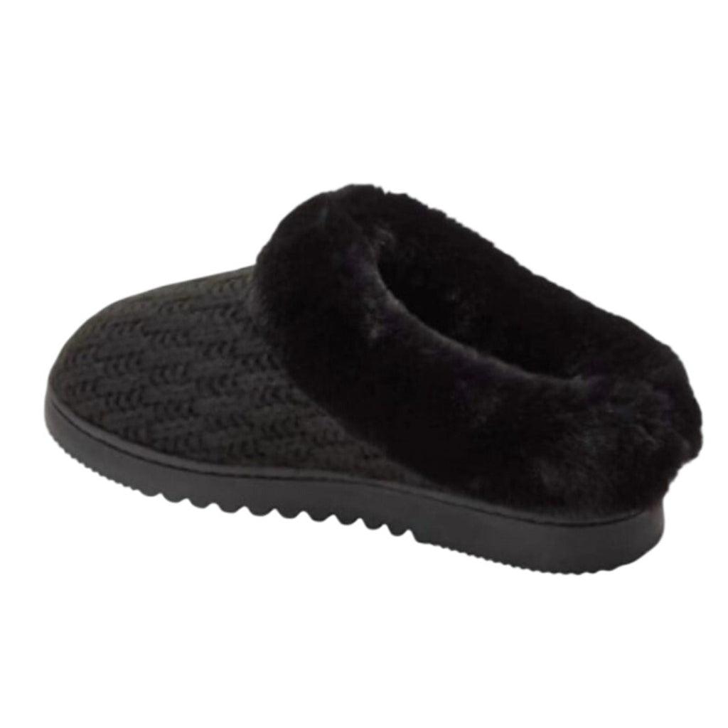 New In Box Dearfoam Women Medium 7/8 Black Faux Fur Lined Knit Slide On Slippers