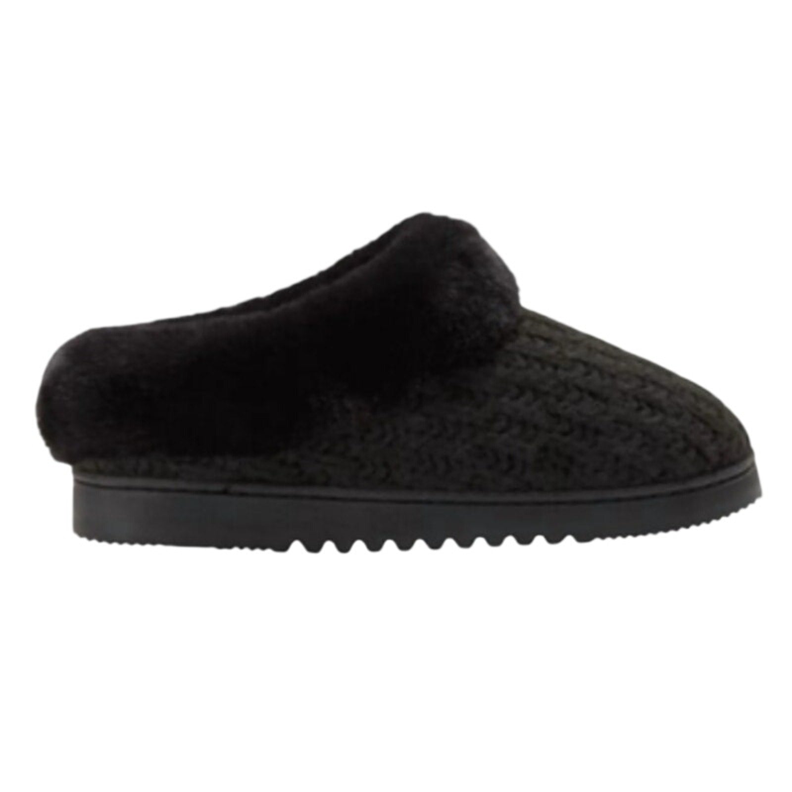 New In Box Dearfoam Women Medium 7/8 Black Faux Fur Lined Knit Slide On Slippers