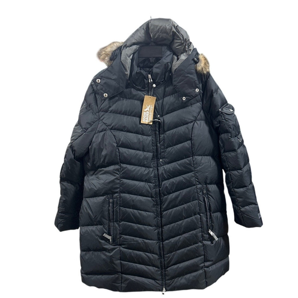 New Eddie Bauer Womens XXL Black 650 Down Sun Valley Puffer Parka Long Coat