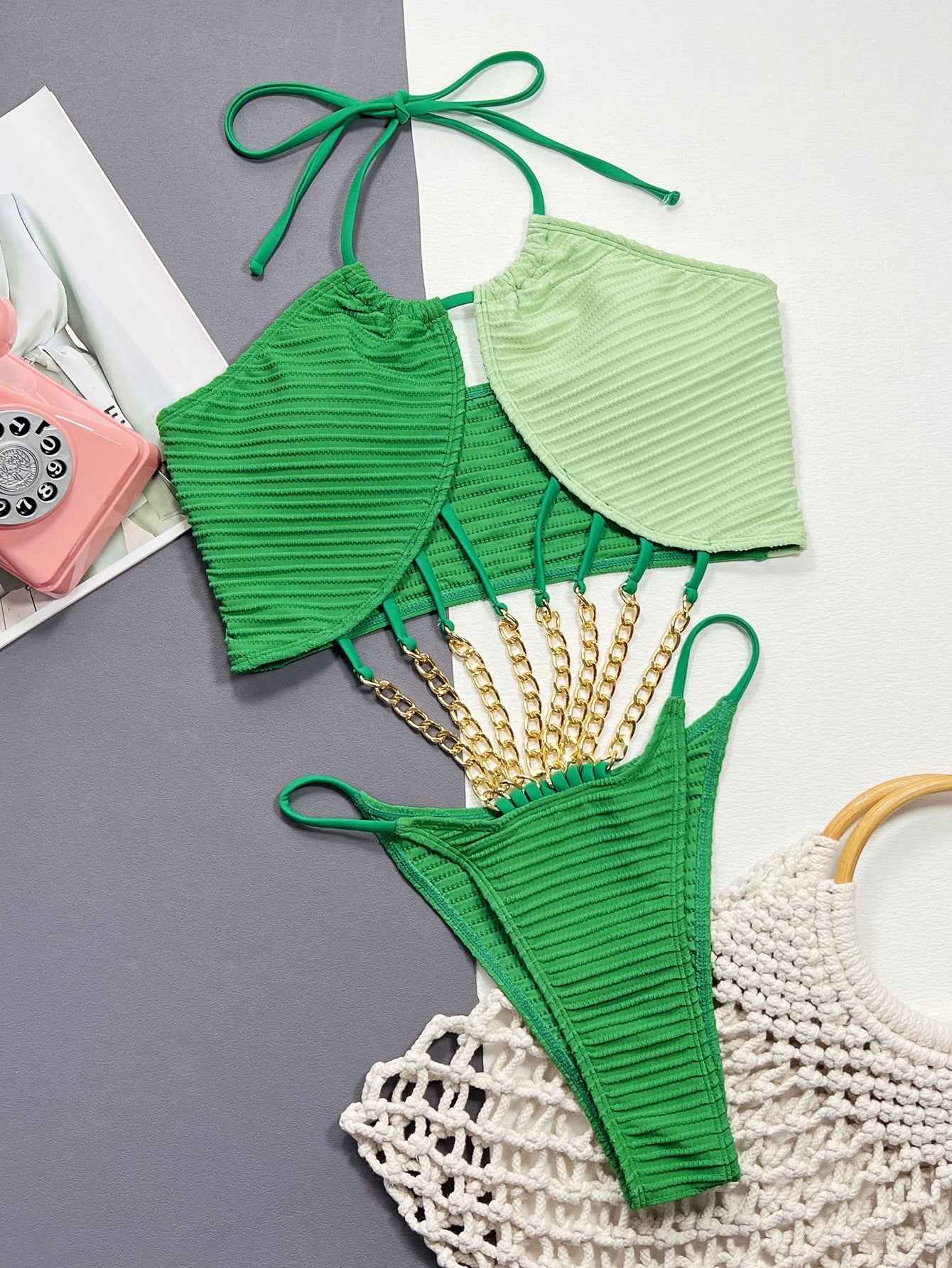 Contrast Halter Neck : Chain Detail One-Piece Swimsuit