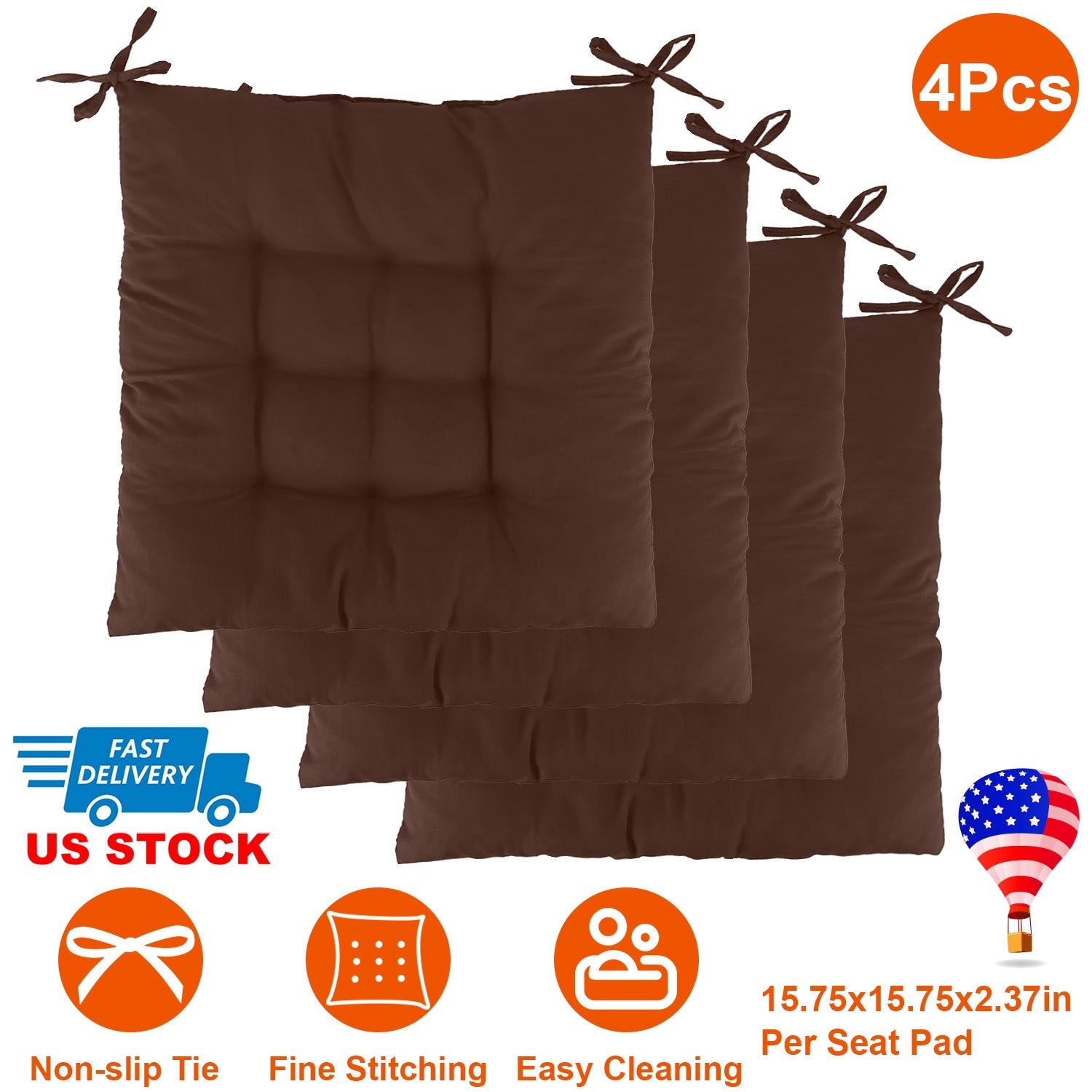 4Pcs Chair Cushion Pads Pillow 15.75x15.75x2.37in Soft Tie On Square Sitting Mats For Home Office Car Sitting Travel