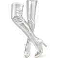 Wsheliu Womens Size 11 Silver Thigh High 4'5" Chunky Heel Zip Up Go Go Boots